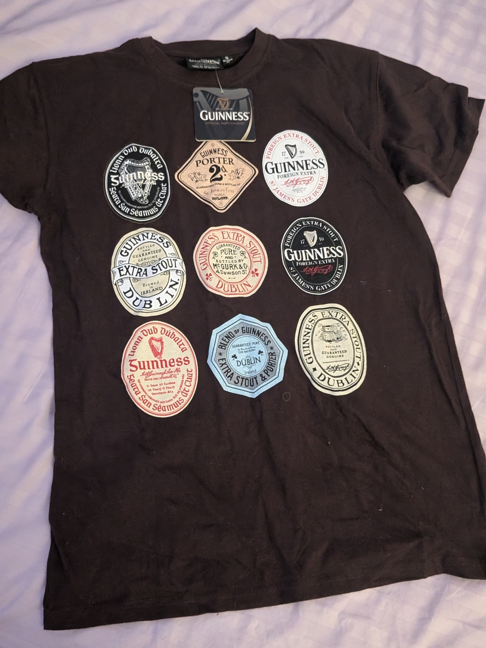 Guinness Brown Short Sleeve Tee with Vintage Logo Badges